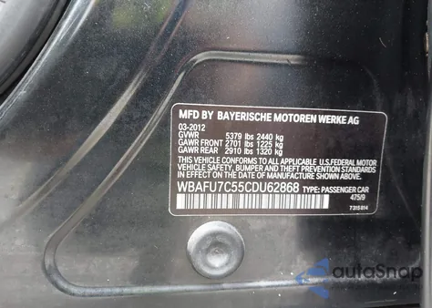 2012 BMW 535 xDrive from USA, damaged, VIN WBAFU7C55CDU62868
